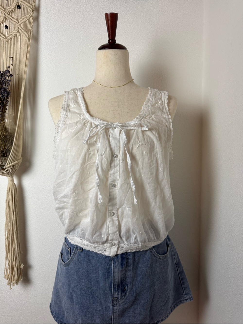 Urban Outfitters White Lace-Trim Button Tank with Tie Neck
